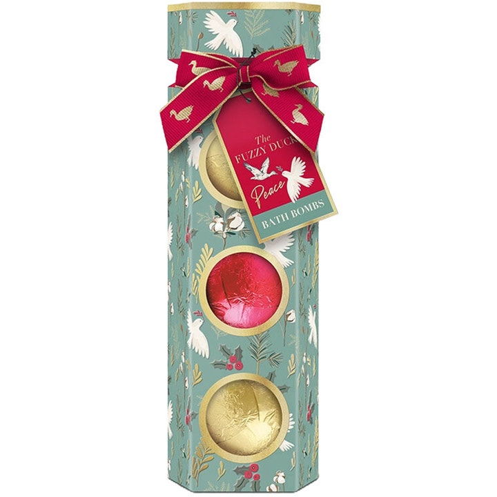Baylis & Harding The Fuzzy Duck Peace Bath Bombs 3 stk badebomber i grønn eske med rød sløyfe og gullfarget folie