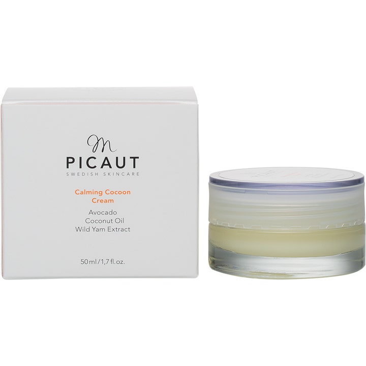 M Picaut Calming Cocoon Cream 50 ml beroligende ansiktskrem i hvit eske og glasskrukke med lysegul konsistens