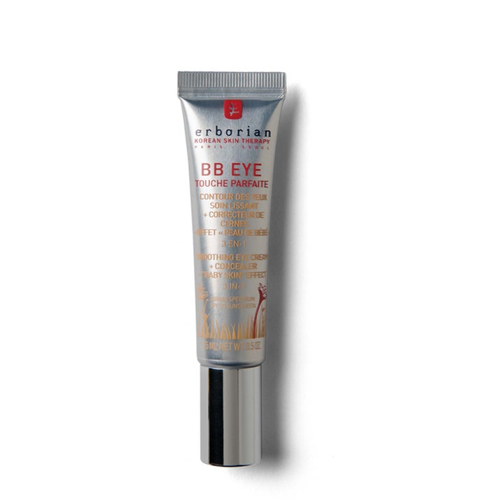 Erborian BB Eye Touche Parfaite 15 ml utjevnende øyekrem og concealer i en sølvfarget tube med metallisk kork