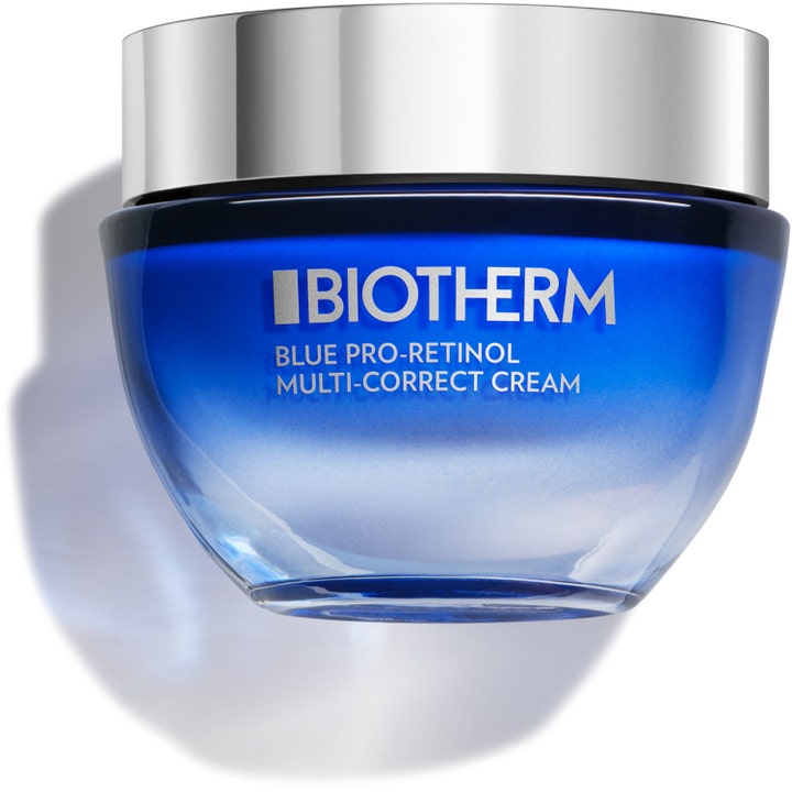 Biotherm Blue Pro-Retinol Multi-Correct Cream ansiktskrem som gir fornyet hud i en dyp blå glasskrukke med sølvlokk.