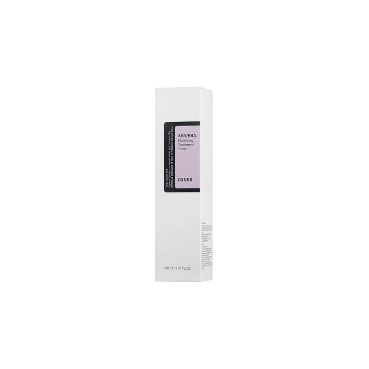 COSRX AHA/BHA Clarifying Treatment Toner 150 ml eksfolierende ansiktstoner i hvit eske med lilla etikett