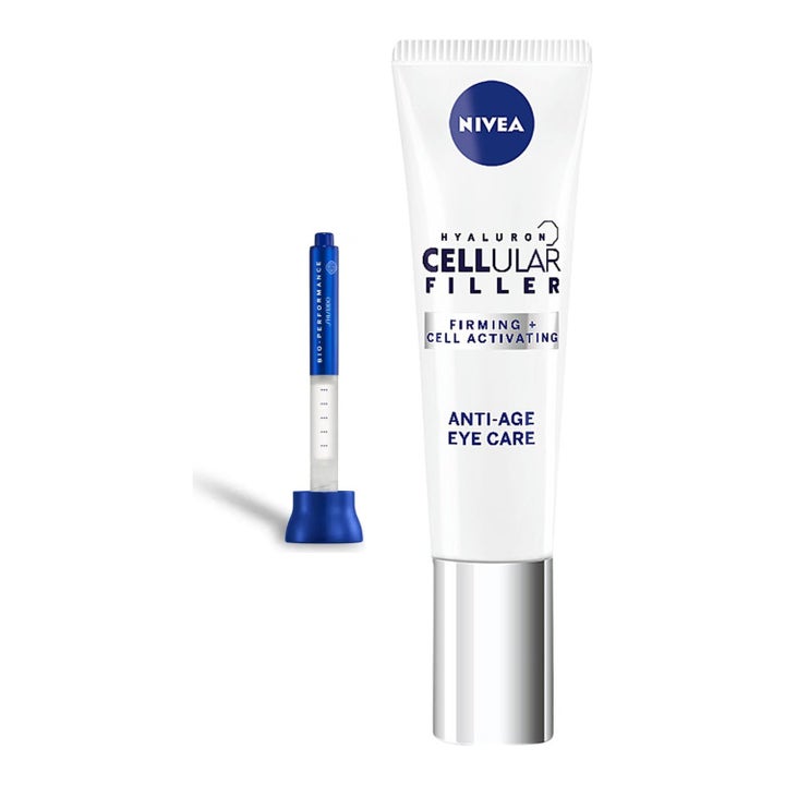 Nivea Hyaluron Cellular Filler 15ml oppstrammende øyekrem i hvit tube med sølvkork og en blå serumapplikator
