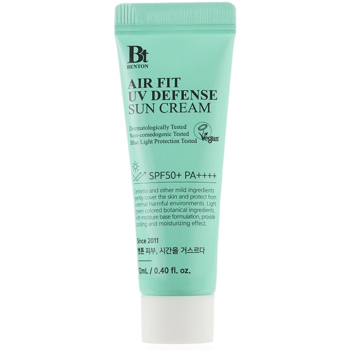 Benton Air Fit UV Defense Sun Cream 12ml fuktighetsgivende solkrem SPF50 i lysegrønn tube med hvit skrukork