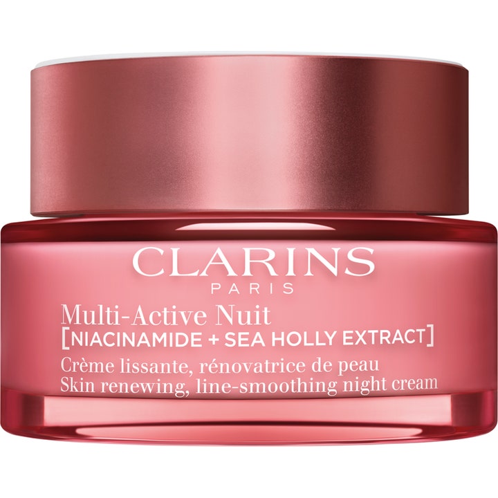 Clarins Multi-Active Nuit fornyende nattkrem med niacinamid i rosa glasskrukke med metallisk lokk