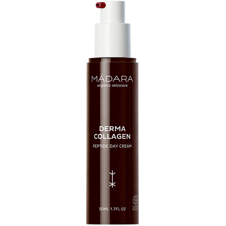 Mádara Derma Collagen Peptide Day Cream 50 ml stimulerer kollagen i en mørkebrun sylindrisk flaske med hvit pumpe.