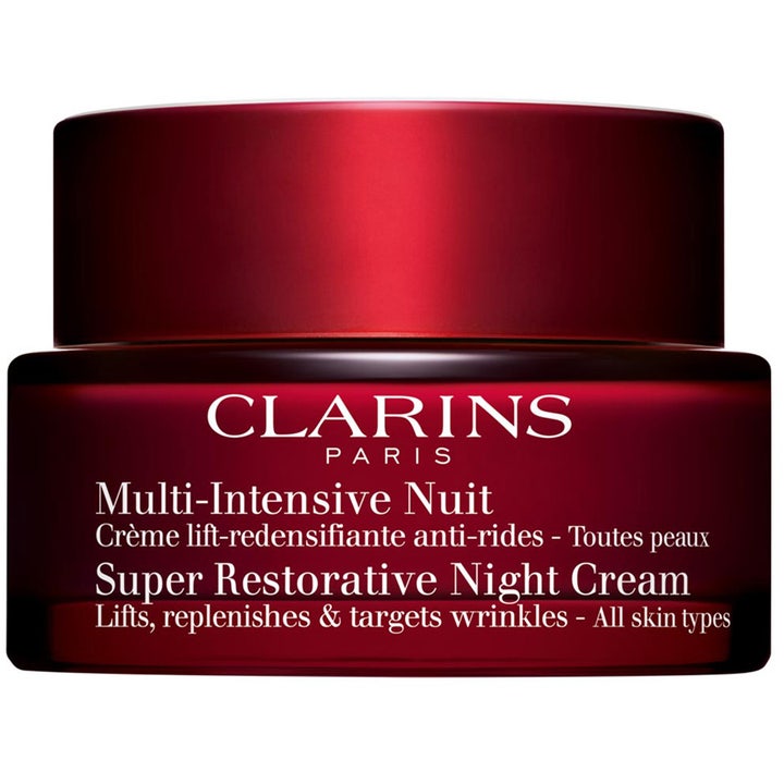 Clarins Multi-Intensive Nuit Super Restorative Night Cream nattkrem mot rynker i en mørkerød glasskrukke med rødt lokk.