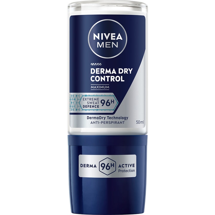 Nivea Men Derma Dry Control 50ml anti-perspirant gir 96 timers beskyttelse i en blå og sølvfarget roll-on med klart lokk