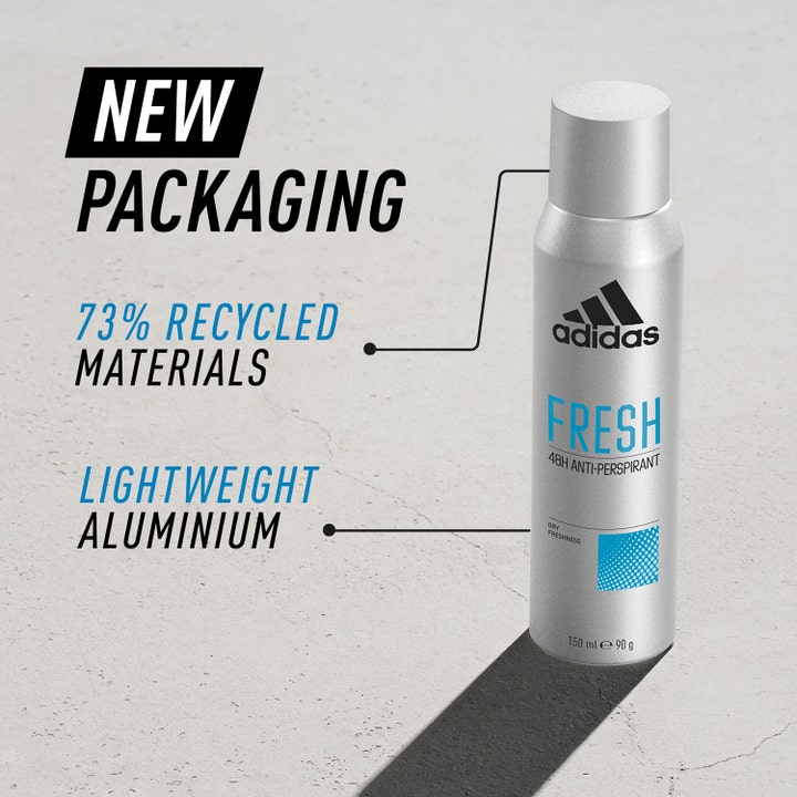Adidas Cool & Dry For Him Fresh 150 ml antiperspirant spray i sølvfarget aluminiumsboks laget av resirkulert materiale.