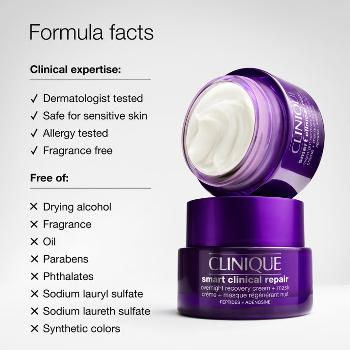 Clinique Smart Clinical Repair 50 ml nattkrem i lilla krukke som viser rik hvit tekstur og kliniske fakta.
