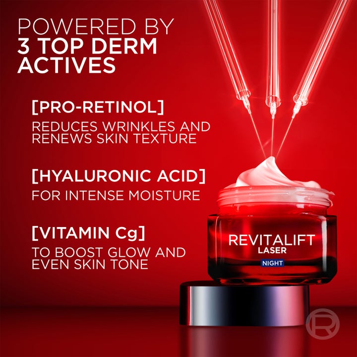 L'Oréal Paris Revitalift Laser 50 ml nattkrem med pro-retinol og hyaluronsyre i rød krukke som reduserer rynker.
