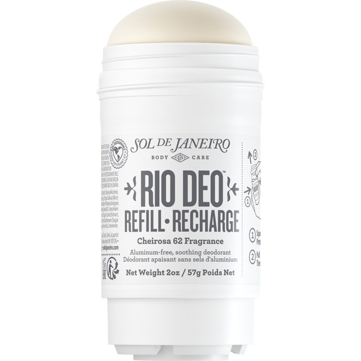 Sol de Janeiro Rio Deo Refill 57g aluminiumfri deodorant i hvit plastemballasje med synlig lys og kremet stift