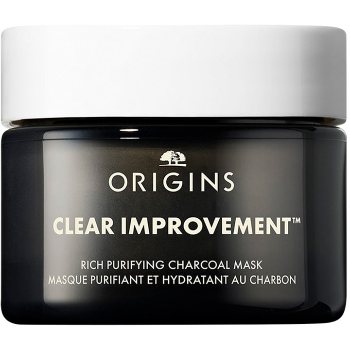Origins Clear Improvement Rich Purifying Charcoal Mask 75 ml rensende ansiktsmaske i en svart krukke med hvitt lokk