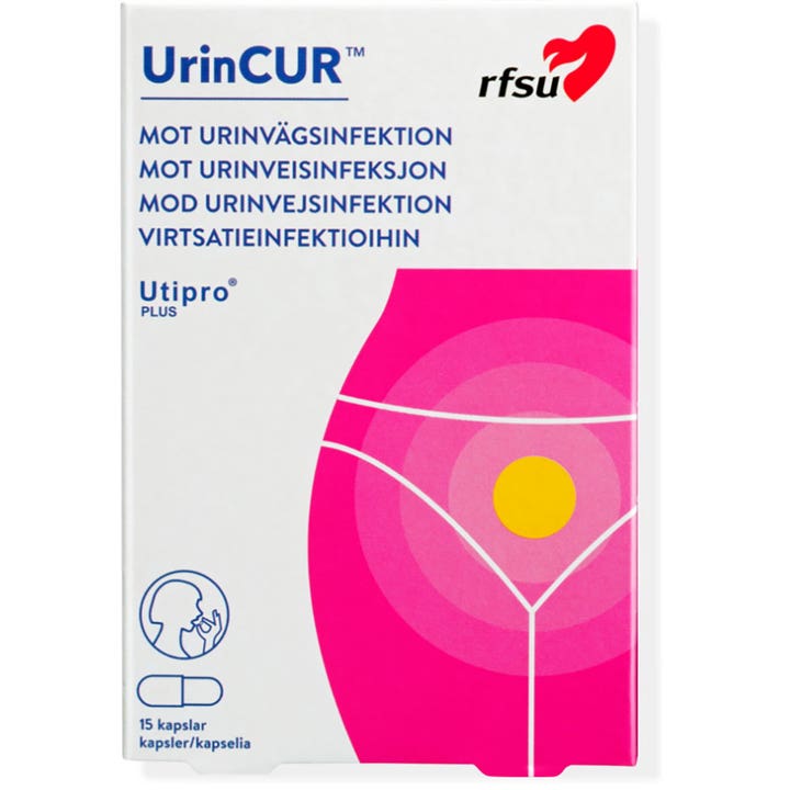RFSU UrinCUR Utipro Plus 15 kapsler mot urinveisinfeksjon i hvit eske med rosa grafikk og gul sirkel på magen.