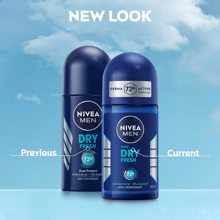 NIVEA MEN Dry Fresh Roll-On 50 ml herredeodorant med 72h beskyttelse vist i gammelt og nytt design mot en blå himmel.