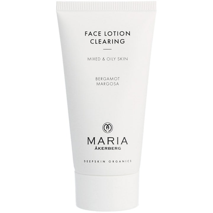 Maria Åkerberg Face Lotion Clearing 100ml balanserer fet hud i en hvit tube med minimalistisk sort tekst