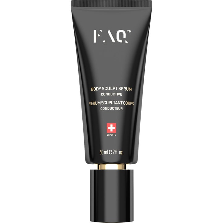 FAQ Body Sculpt Serum 60 ml ledende kroppsserum i en elegant svart tube med gullfargede detaljer og hvit tekst.