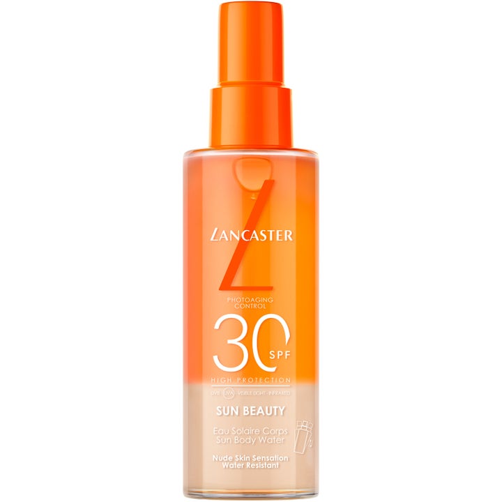 Lancaster Sun Beauty Sun Body Water SPF 30 150 ml solbeskyttelse mot aldring i en oransje sprayflaske av plast