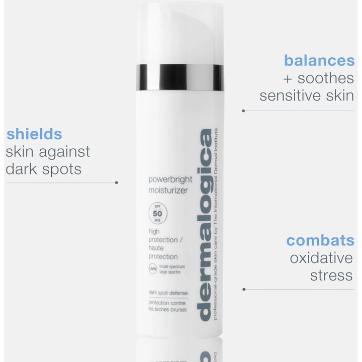 Dermalogica Powerbright Moisturizer SPF50 50 ml hvit pumpeflaske som motvirker mørke flekker.