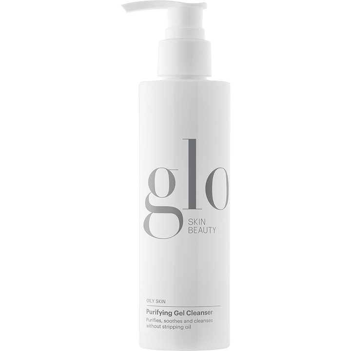 Glo Skin Beauty Purifying Gel Cleanser rensende gel for fet hud i hvit flaske med pumpe som gir en ren og beroliget hud