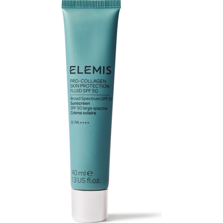 Elemis Pro-Collagen Skin Protection Fluid SPF 50 40 ml fuktighetsgivende solkrem i blågrønn tube med hvit kork.