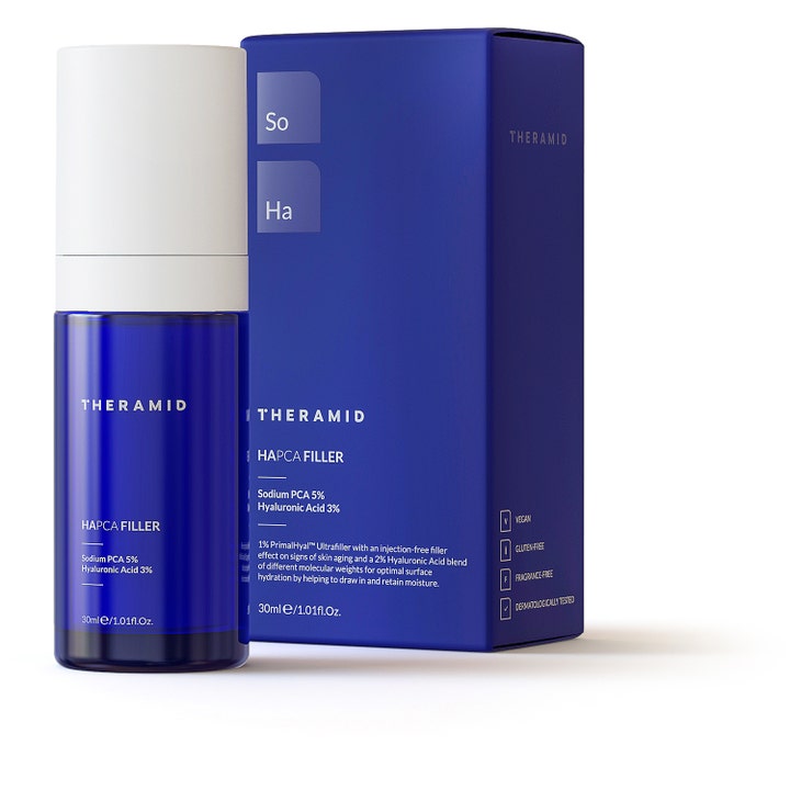 Niche Beauty Lab Theramid Hapca Filler 30 ml serum i blå glassflaske med Sodium PCA 5% og Hyaluronic Acid 3%.