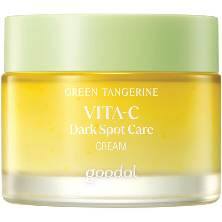 Goodal Green Tangerine Vita-C Dark Spot Care Cream ansiktskrem mot mørke flekker i gul glasskrukke med grønt lokk