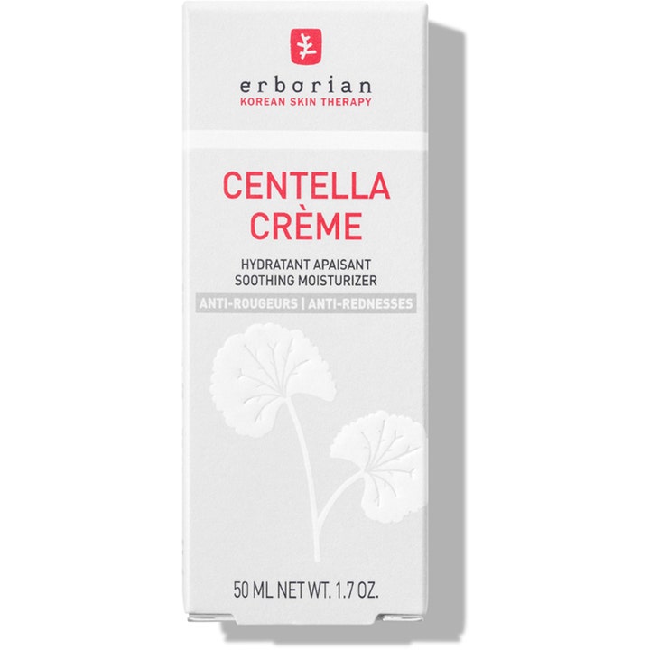 Erborian Centella Creme 50 ml beroligende ansiktskrem mot rødhet i hvit eske med rød tekst og centellablader
