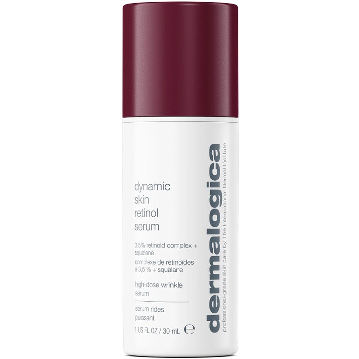 Dermalogica Dynamic Skin Retinol Serum 30 ml mot rynker i hvit sylindrisk beholder med burgunderfarget kork