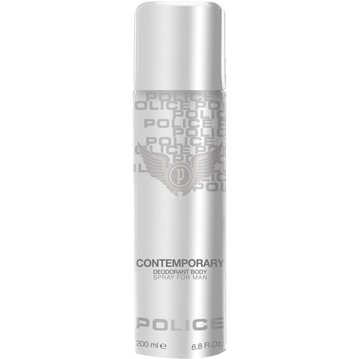 Police Contemporary 200 ml deodorant body spray for menn gir friskhet i en stilren sølvfarget metallflaske med logo.
