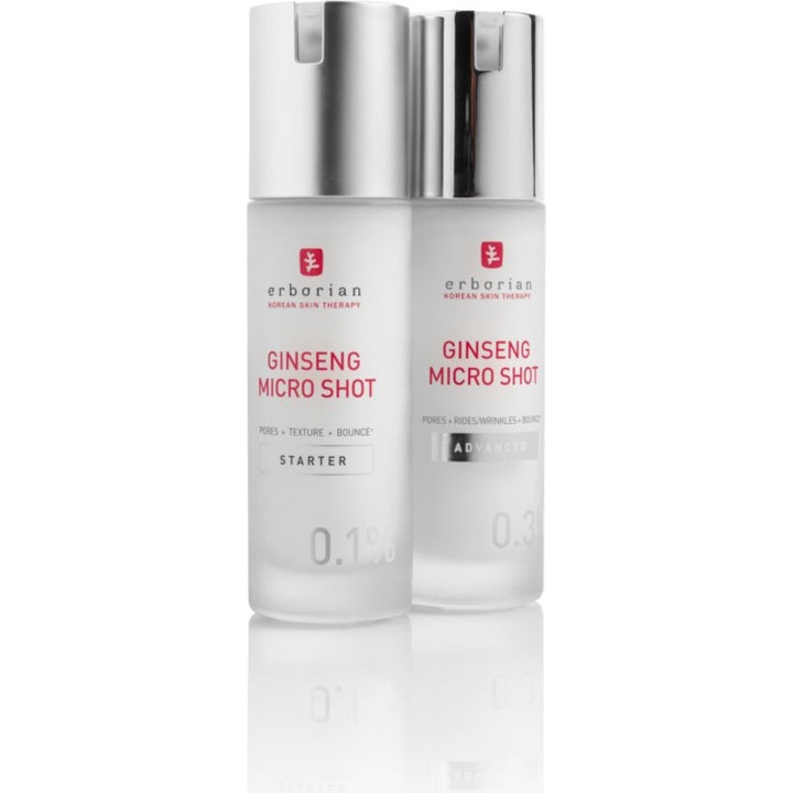 Erborian Ginseng Micro Shot 0.3 Advanced 30 ml hudserum i to hvite frostede flasker med sølvpumpe for økt spenst