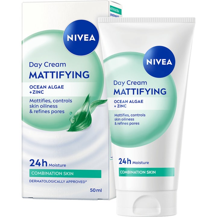 Nivea Mattifying Day Cream 50 ml mattifiserende ansiktskrem med sink og sjøalger i hvit tube og eske med grønne detaljer