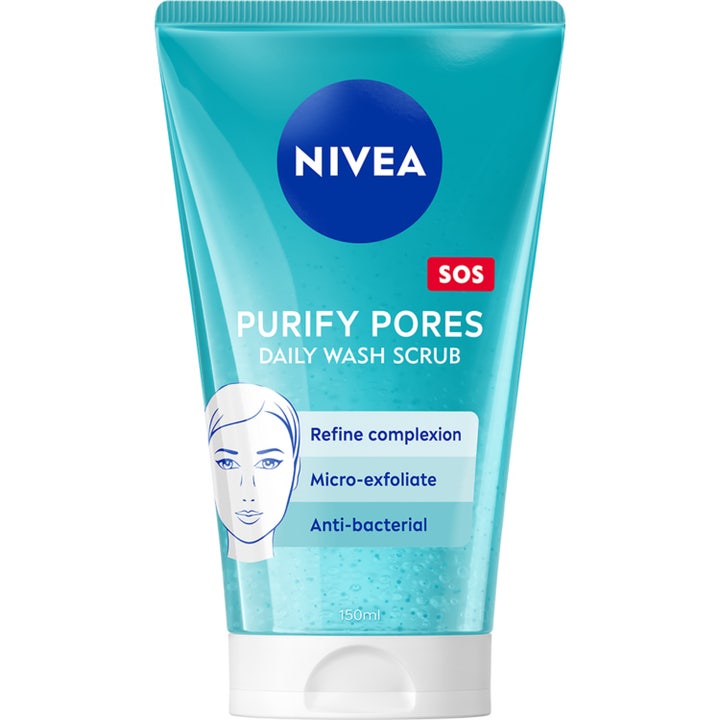 Nivea SOS Purify Pores Daily Wash Scrub 150ml ansiktsskrubb i blå semi-gjennomsiktig tube med hvit kork.