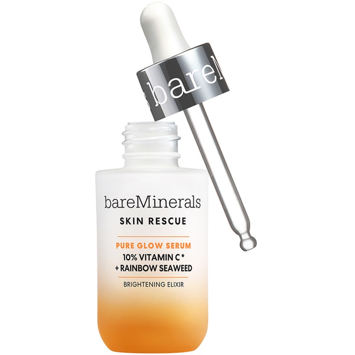 bareMinerals Skin Rescue Pure Glow Serum glødgivende vitamin C serum i frostet glassflaske med oransje bunn og sølvpipette