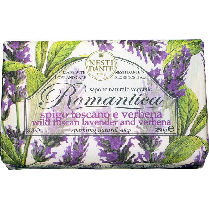 Nesti Dante Romantica Wild Tuscan Lavender and Verbena 250g fast såpe pakket i papir med lilla lavendel og grønne blader