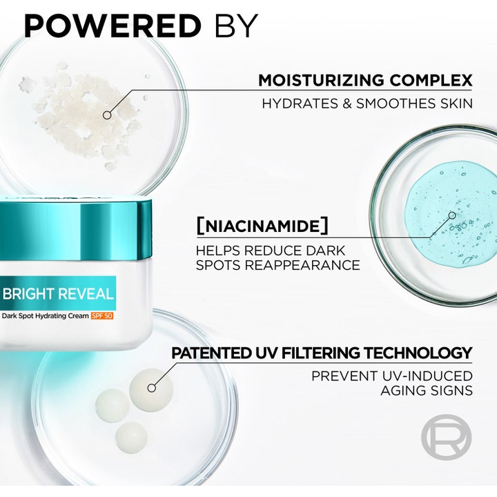 L'Oréal Paris Bright Reveal 50 ml dagkrem med niacinamid og SPF 50 som motvirker mørke flekker vist med ingredienser.