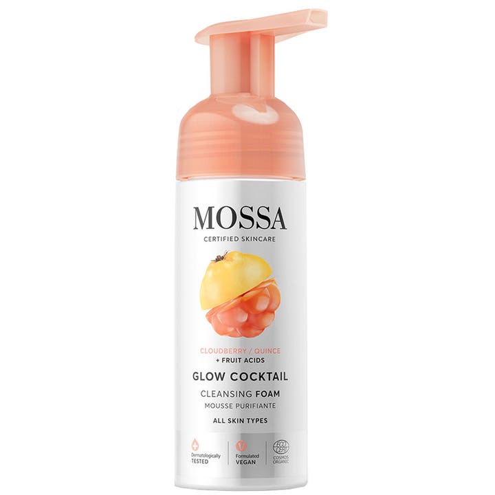 Mossa Glow Cocktail Cleansing Foam 150ml renseskum som gir glød i hvit flaske med ferskenfarget pumpe.