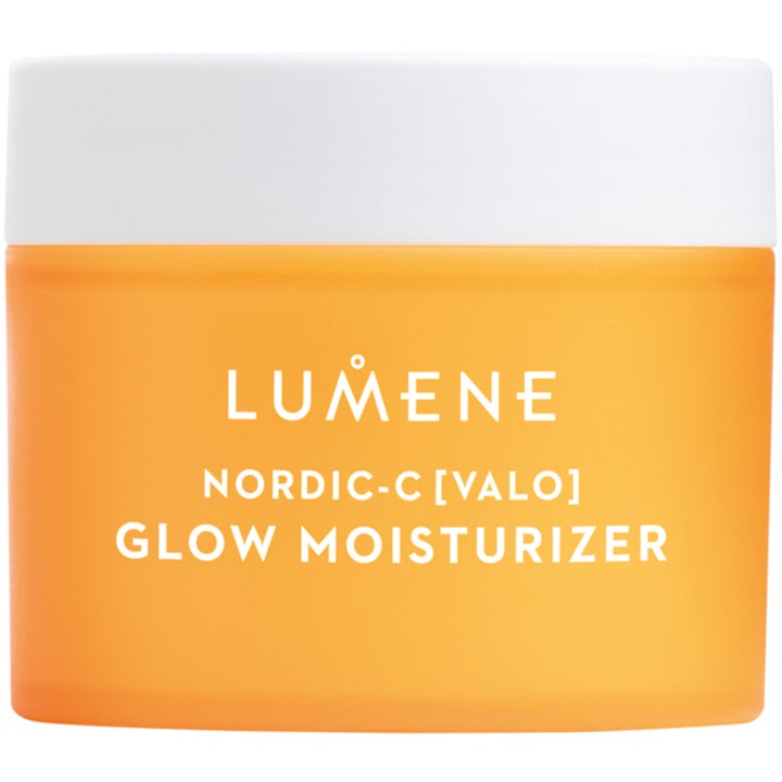 Lumene Nordic-C Valo Glow Moisturizer glødgivende ansiktskrem i en oransje frostet krukke med hvitt lokk