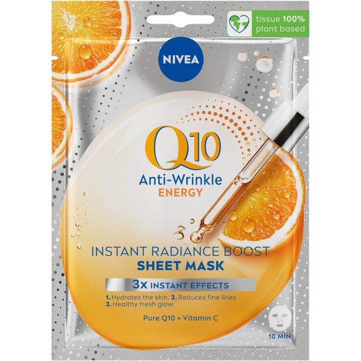 Nivea Q10 Anti-Wrinkle Energy Sheet Mask 1 stk ansiktsmaske som gir glød i sølvpose med appelsiner og pipette