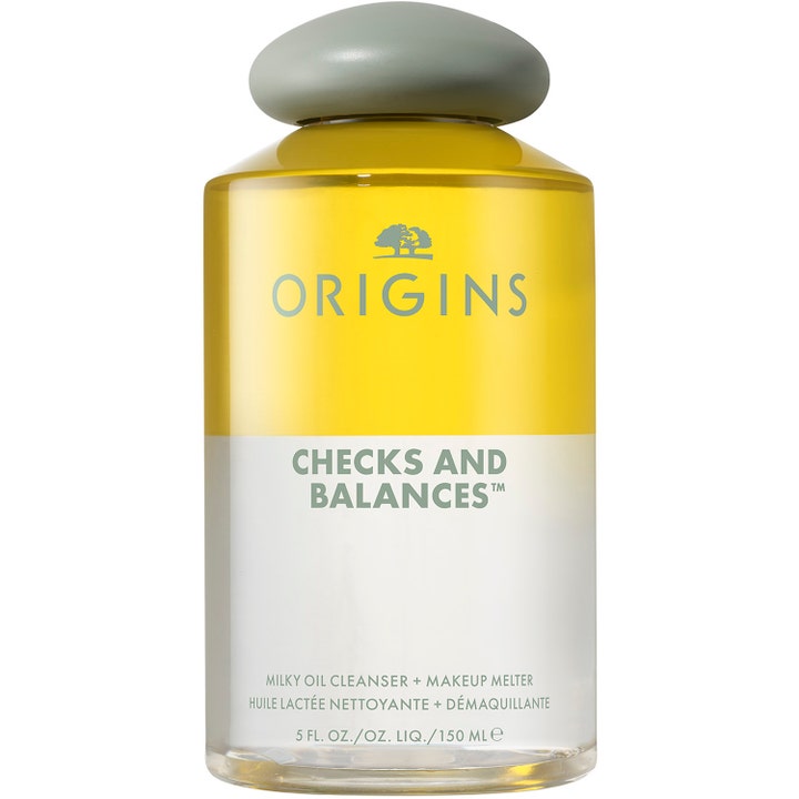 Origins Checks and Balances 150 ml rensende ansiktsolje fjerner sminke med gul og hvit tofaset formel og grønn kork.