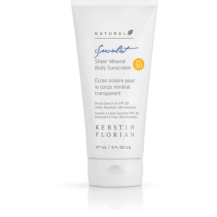 Kerstin Florian Specialist Sheer Mineral Body Sunscreen 177 ml beskyttende solkrem i hvit tube med gul SPF 30-logo.