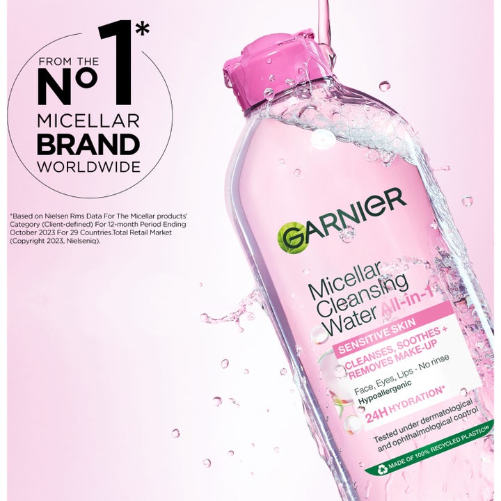 Garnier Micellar Cleansing Water 400 ml sminkefjerner i rosa flaske med vannsprut og No 1 merke