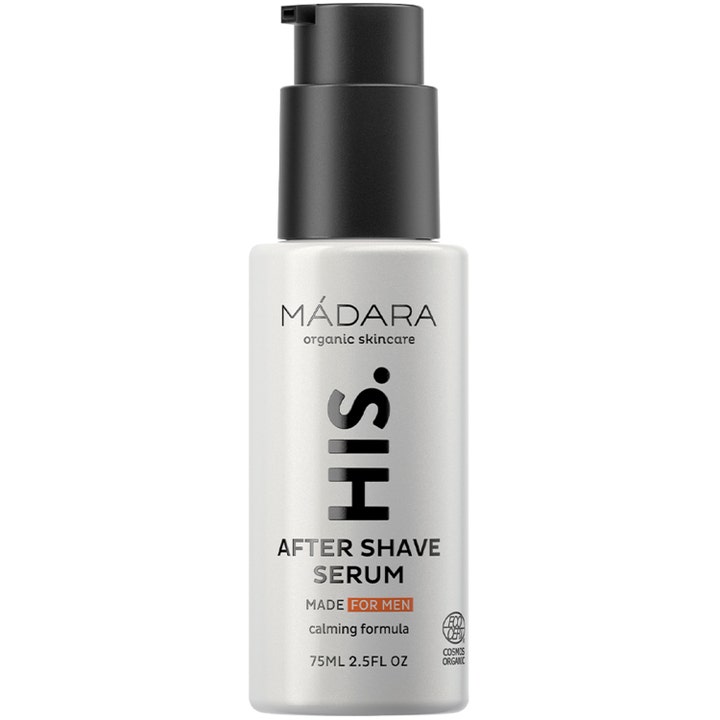 Mádara HIS After Shave Serum 75ml beroligende ansiktsserum i hvit flaske med sort pumpehode