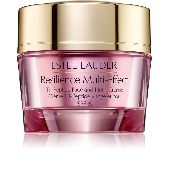 Estée Lauder Resilience Multi-Effect SPF 15 oppstrammende ansiktskrem som gir glød i rosa glasskrukke med gullfarget lokk