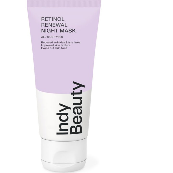 Indy Beauty Retinol Renewal Night Mask nattmaske reduserer rynker i en lilla og hvit tube med hvitt lokk