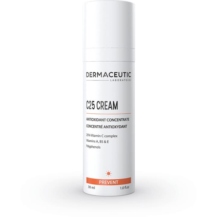 Dermaceutic C25 Cream 30 ml antioksidantkrem som gir glød i en hvit sylindrisk pumpeflaske med oransje detaljer