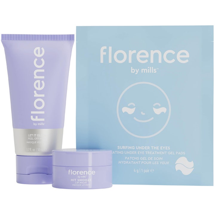 Florence by Mills hudpleiesett med ansiktsmaske på tube, leppemaske og øyepads i lyselilla og blå emballasje.