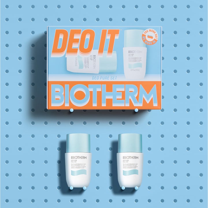 Biotherm Duo Deo Pure Set 150 ml deodorant gir 48 timers beskyttelse med to roll-on flasker og en oransje eske.