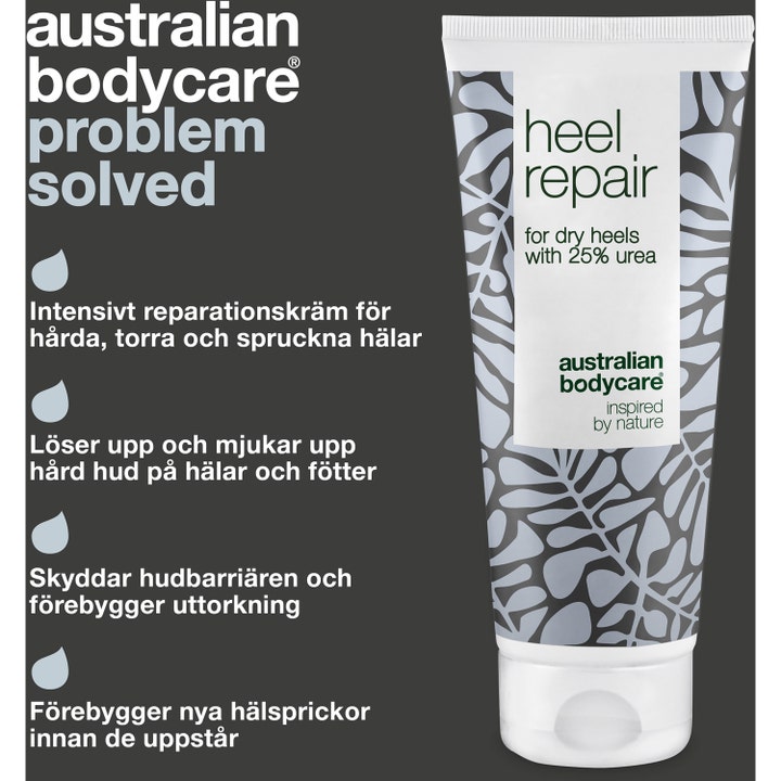 Australian Bodycare Heel Repair 100 ml fotkrem mot hælsprekker og tørre føtter i hvit tube med urea og grått bladmønster