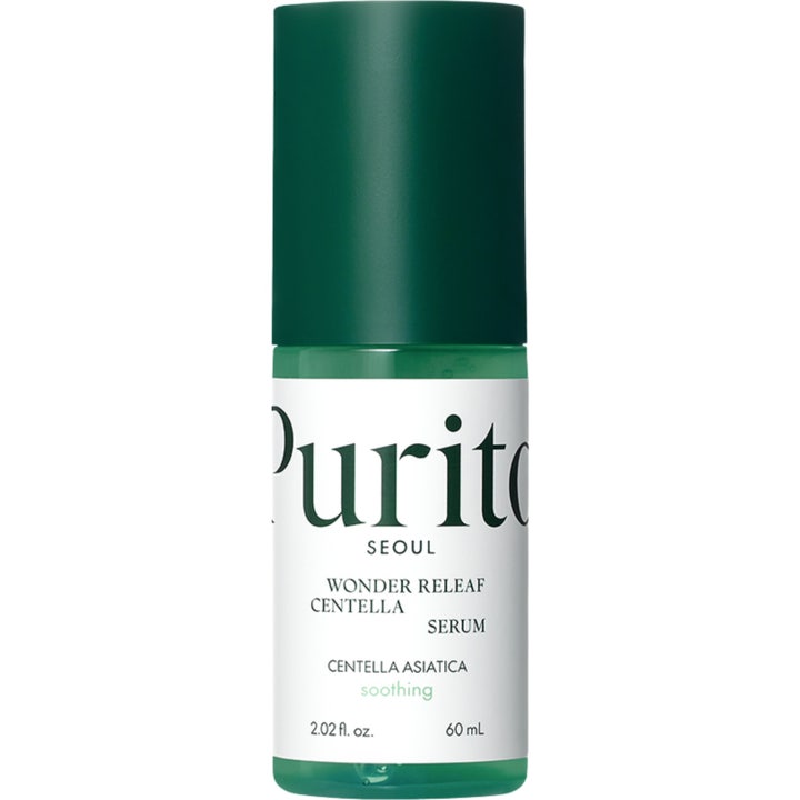 Purito Wonder Releaf Centella Serum 60 ml beroligende ansiktsserum i grønn flaske med hvit etikett og mørkegrønn kork