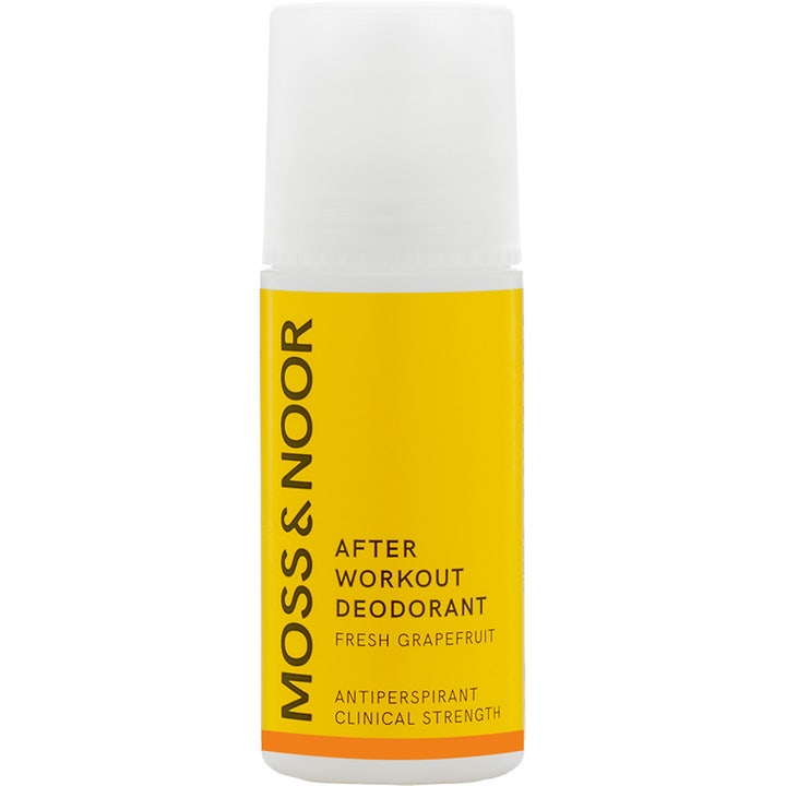 Moss & Noor After Workout Deodorant Fresh Grapefruit antiperspirant som gir klinisk beskyttelse i hvit og gul roll-on